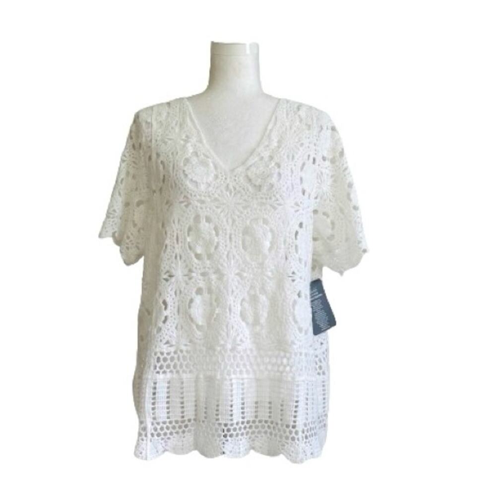 Roamans Top Sweater White French Crochet Short Sleeve Cotton Top Plus 18/20 NEW